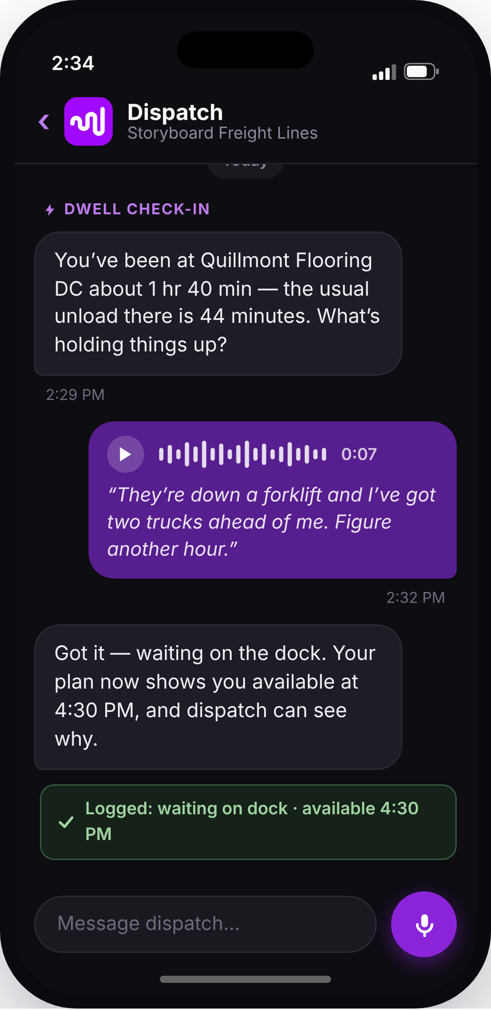 Storyboard Dispatch chat on a driver's phone: a dwell check-in asks why the stop is running long, the driver replies by voice that the dock is down a forklift with two trucks ahead, and the delay is logged with an updated availability time.