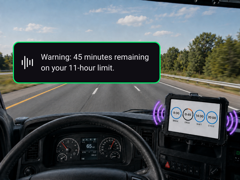 HOS alerts with visible clock and only 45 min remaining