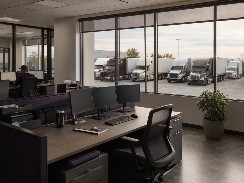 Fleet office area with view of trucks outside window