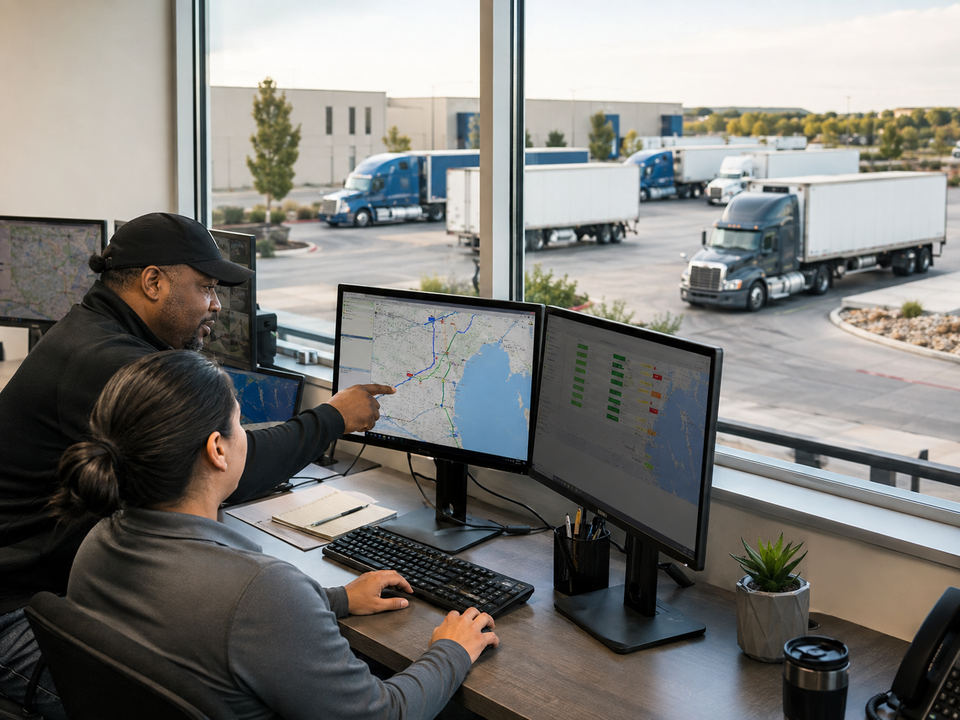 Two dispatchers working together at desk with fleet yard in the background