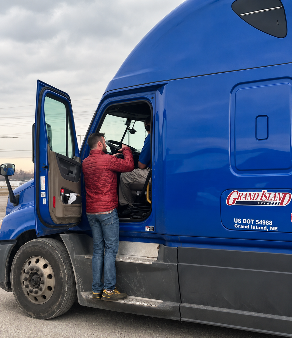 Storyboard employee standing at truck cab of customer helping them onboard