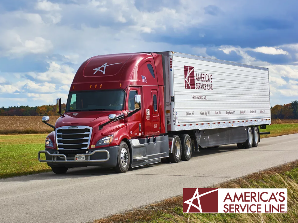 America's Service Line truck on highway with logo in corner