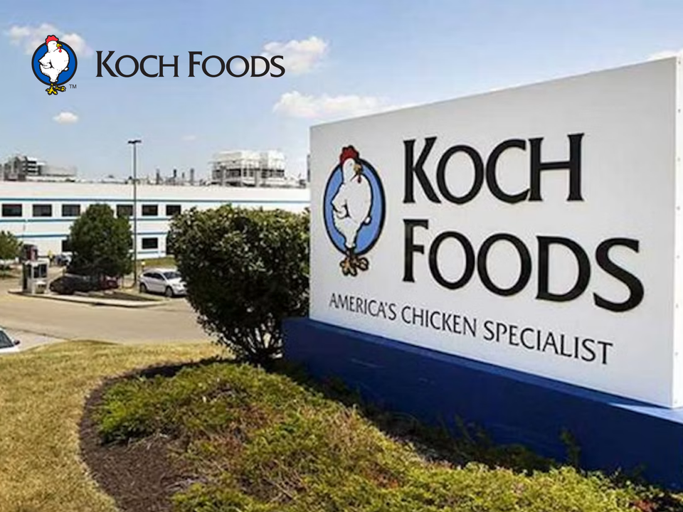 Signage from a Koch Foods facility with logo in corner