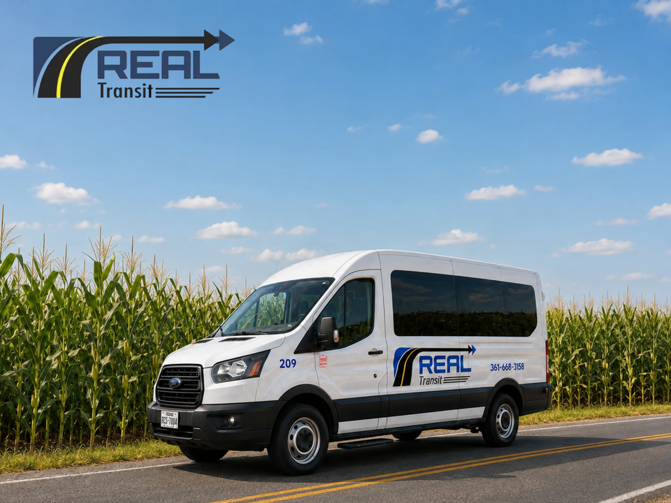 Real transit van on rural road with logo in corner
