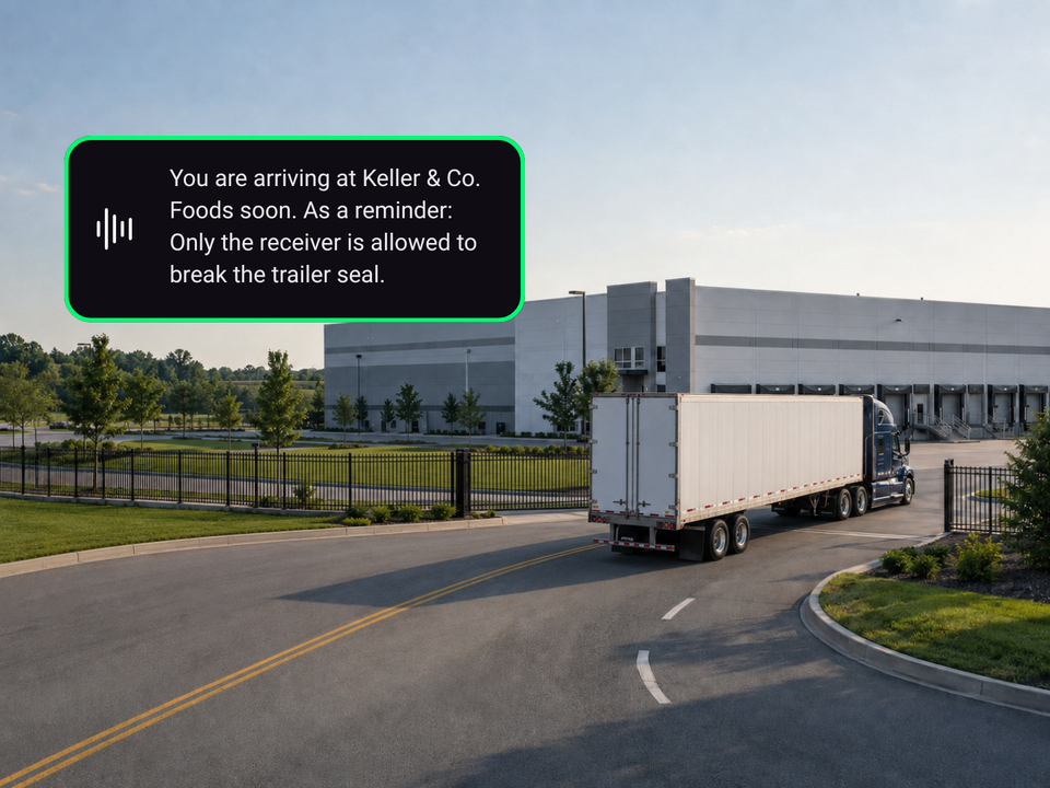 Trucking turning into warehouse with arrival notes messages