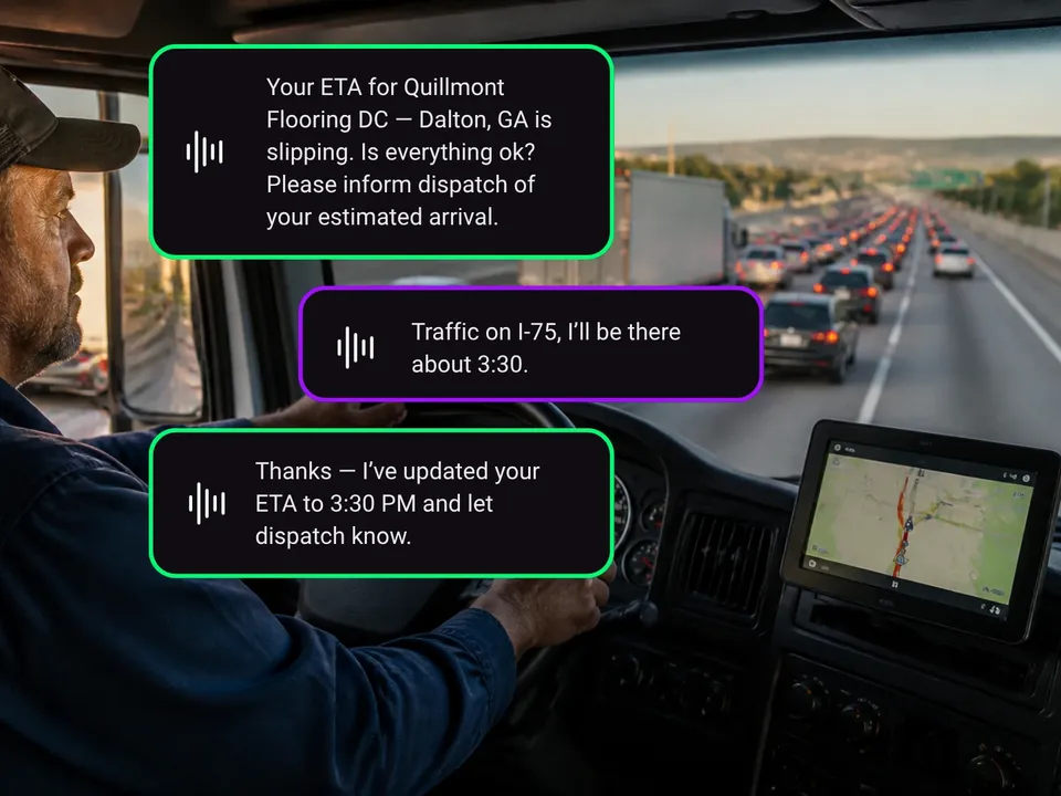 Truck driver in traffic on I-75 confirming a new ETA by voice while Storyboard updates dispatch