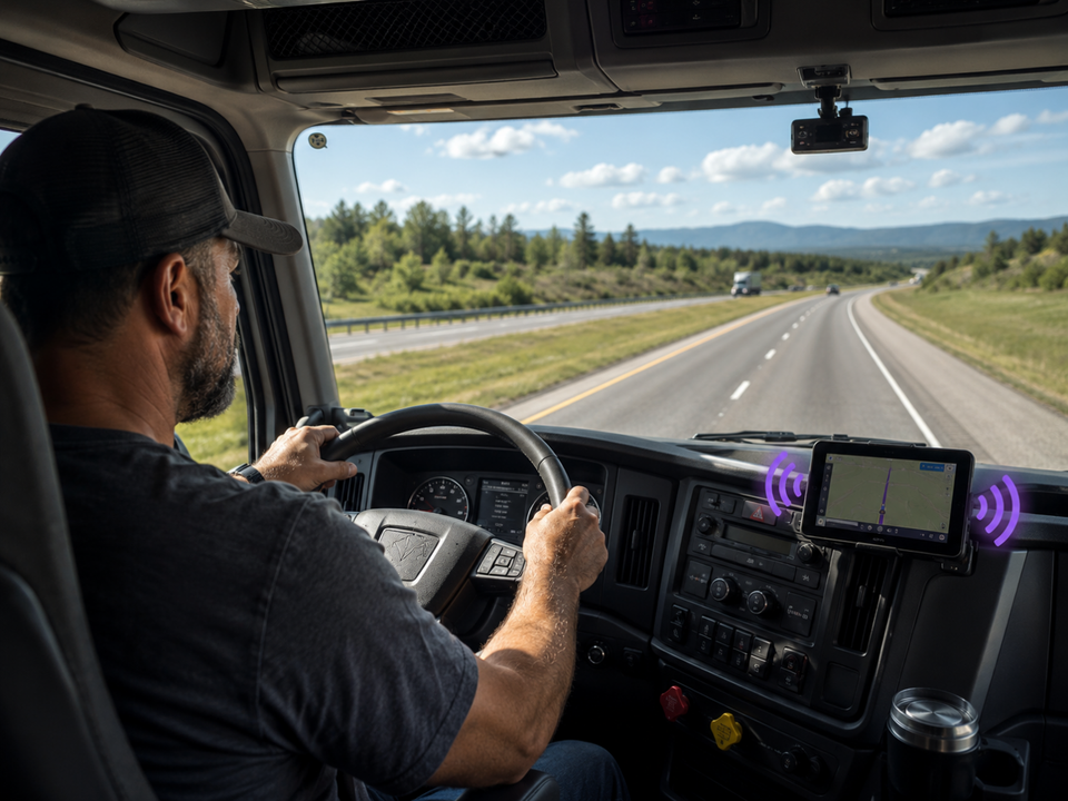 Driver in cab, hands on wheel