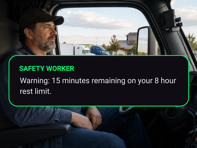 Driver at rest stop, hands off wheel with alert for 15 min remaining on break limit