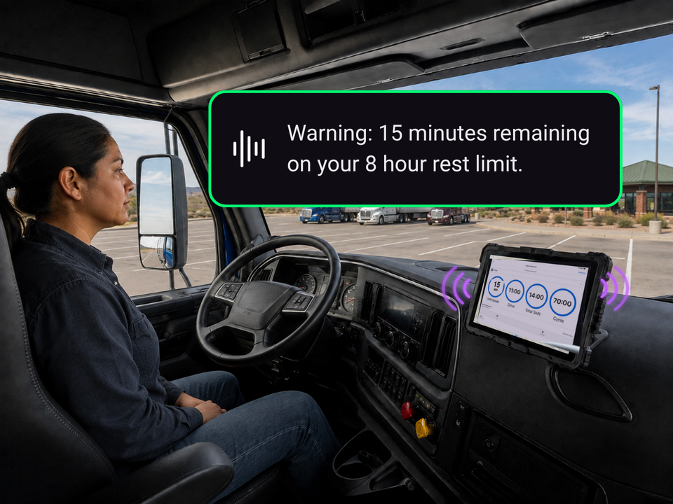 Driver stopped at rest stop, 15 min remaining on break clock, audio alert