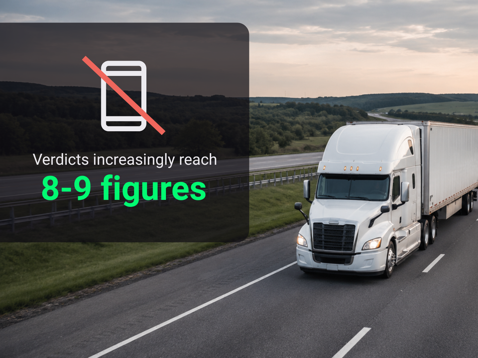 Truck on highway with note that nuclear verdicts reach 8-9 figures