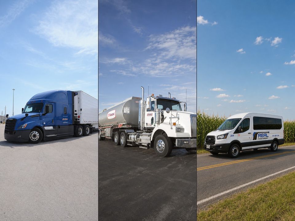 3 customer trucks including Grand Island Express, Trimac, and Real