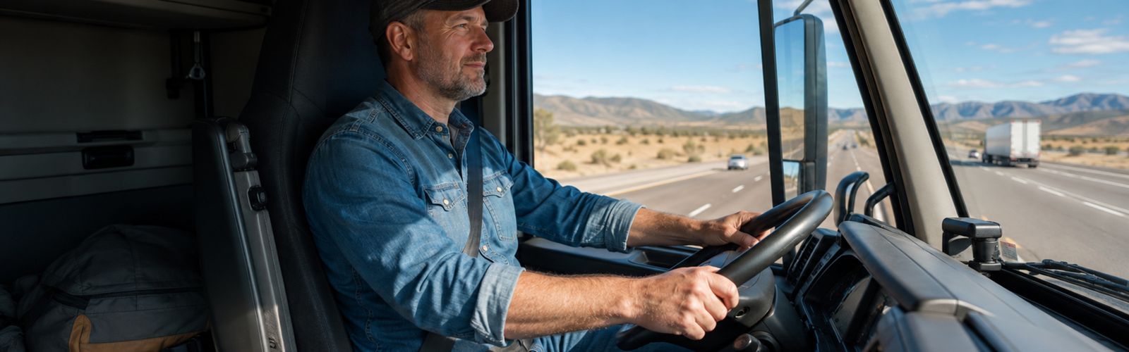 Calm driver in cab with hands on wheel driving on highway